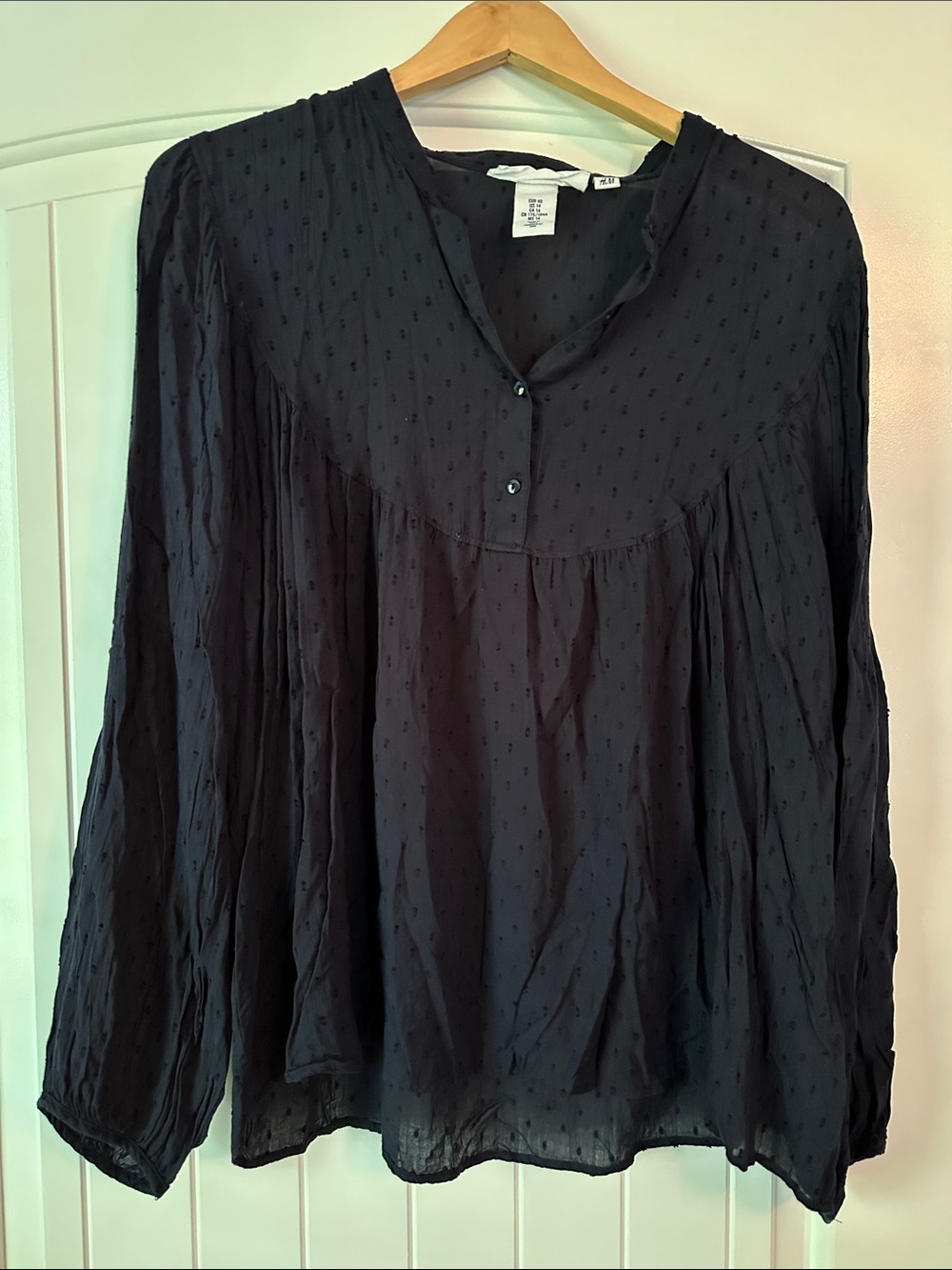 Navy Textured Long-Sleeve Peasant Blouse - Women’s